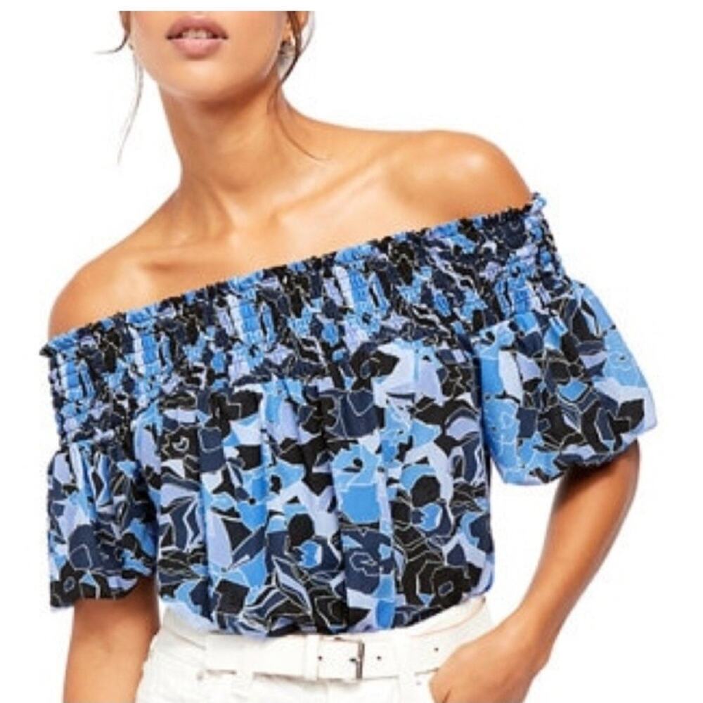 Free People Blue Black Floral Off-Shoulder Blouse
